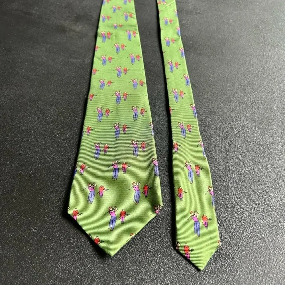 Polo by Ralph Lauren 100% Silk Handmade Tie, Green with Golfers